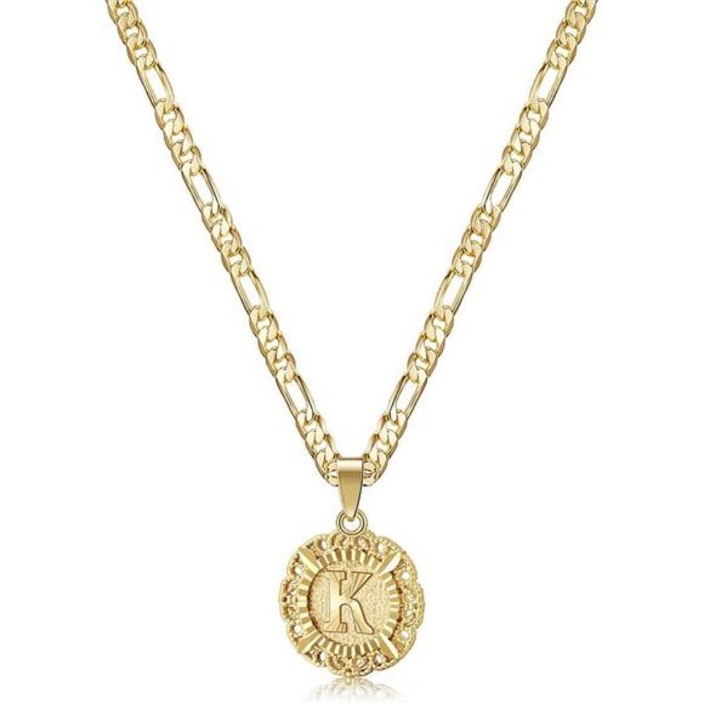 Initial K Necklaces for Women, 14K Gold Plated Round Letter K Pendant Trendy